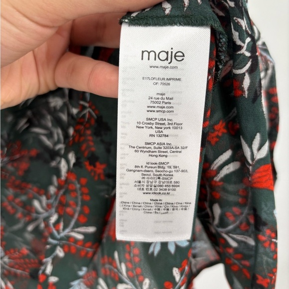 Maje Paris Green Floral Lo Fleur Crepe Georgette Top Sheer Smocked Blouse Large - Picture 10 of 15